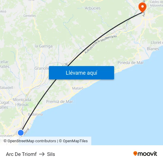 Arc De Triomf to Sils map