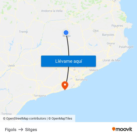 Fígols to Sitges map