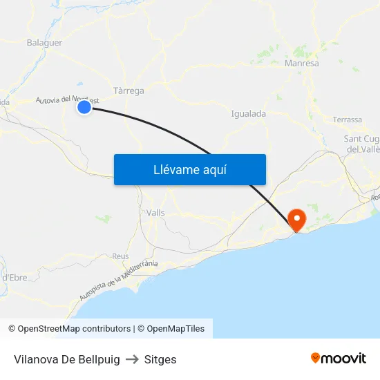 Vilanova De Bellpuig to Sitges map
