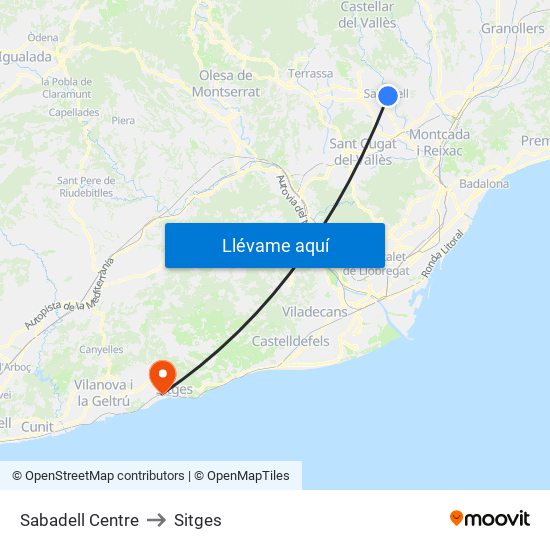 Sabadell Centre to Sitges map