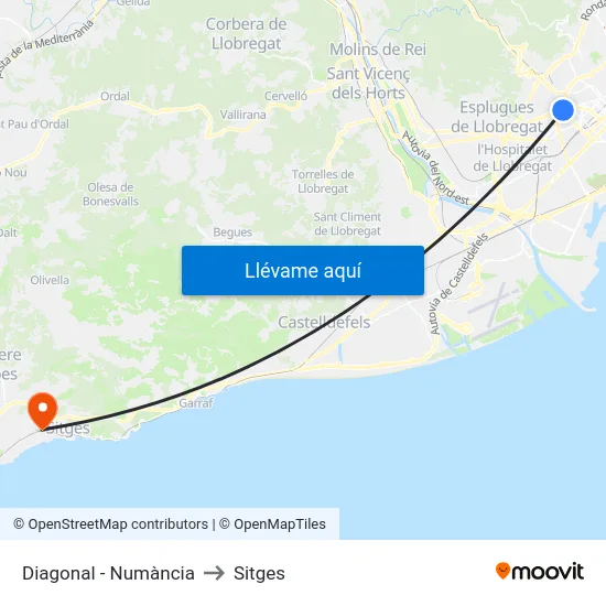 Diagonal - Numància to Sitges map