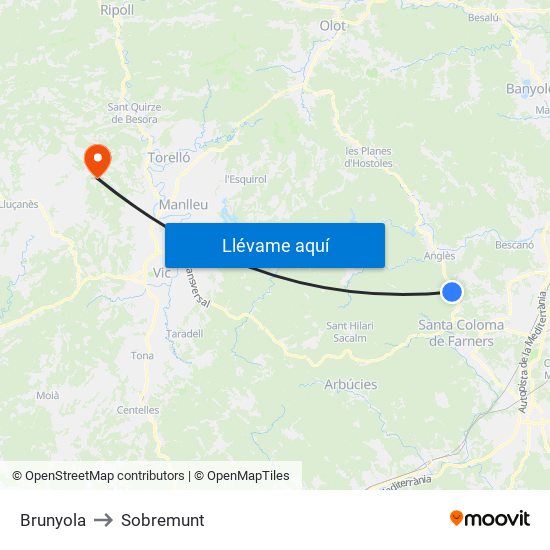 Brunyola to Sobremunt map