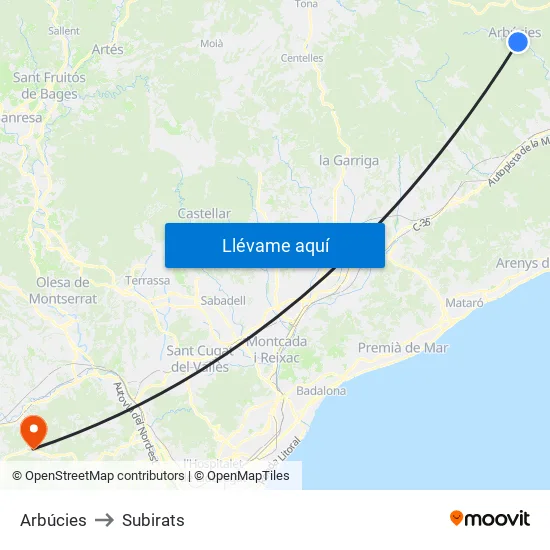 Arbúcies to Subirats map