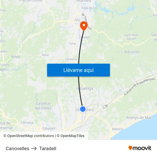 Canovelles to Taradell map