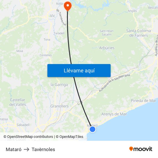Mataró to Tavèrnoles map