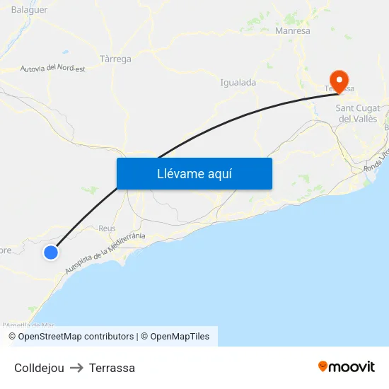 Colldejou to Terrassa map