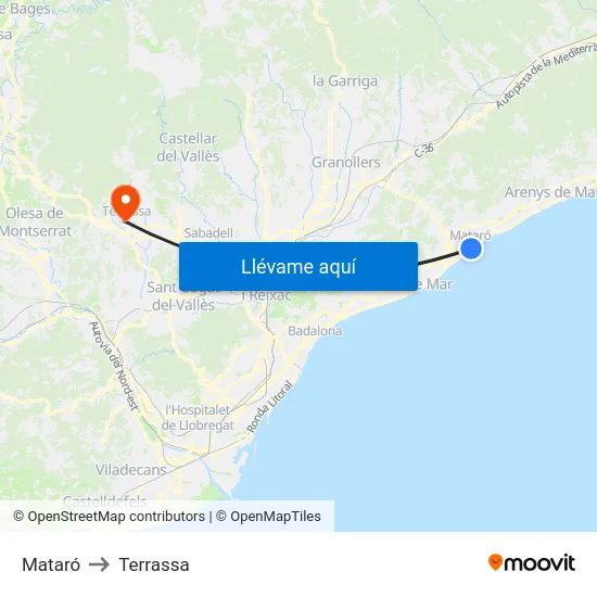 Mataró to Terrassa map