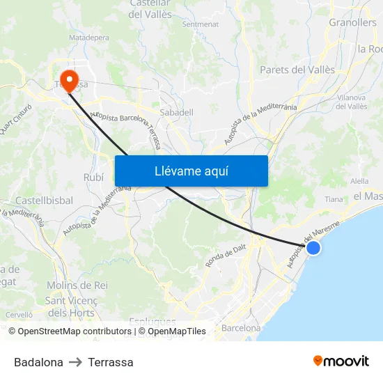 Badalona to Terrassa map