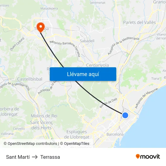 Sant Martí to Terrassa map