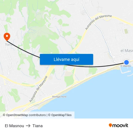 El Masnou to Tiana map