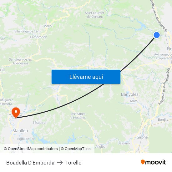 Boadella D'Empordà to Torelló map