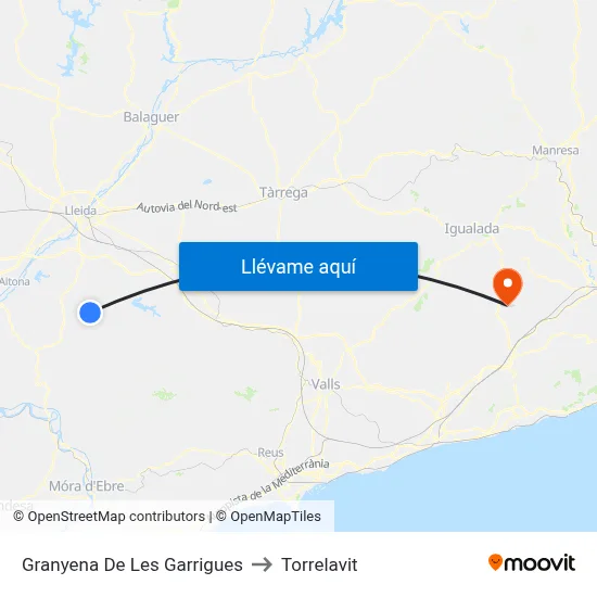Granyena De Les Garrigues to Torrelavit map