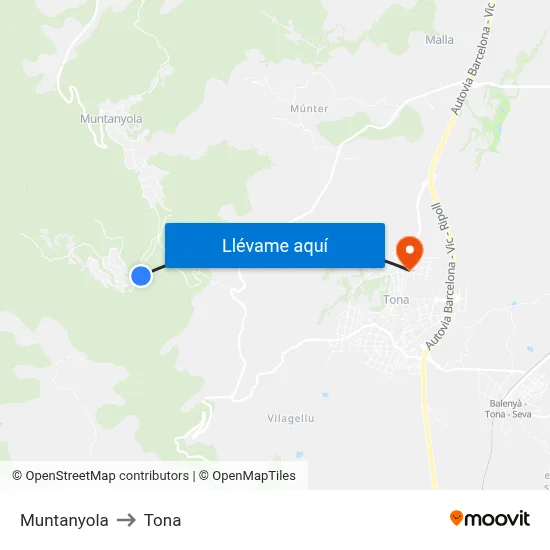 Muntanyola to Tona map