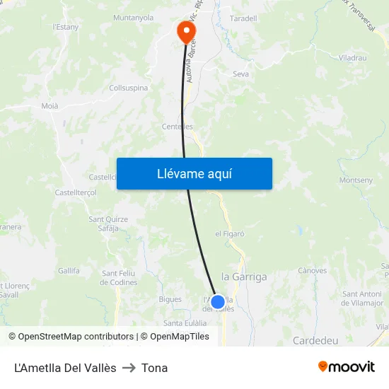 L'Ametlla Del Vallès to Tona map
