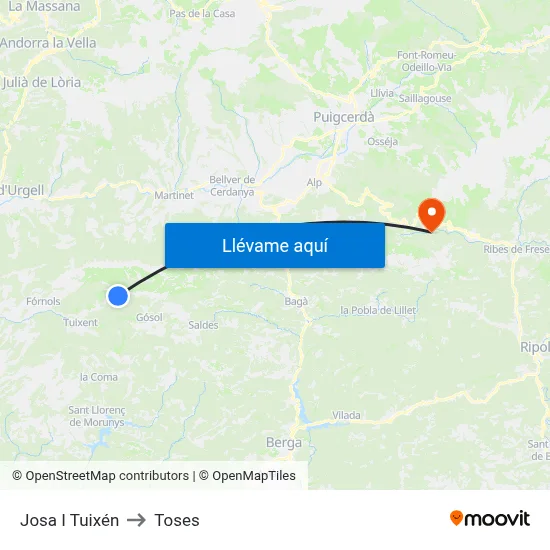 Josa I Tuixén to Toses map
