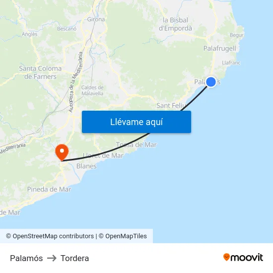 Palamós to Tordera map