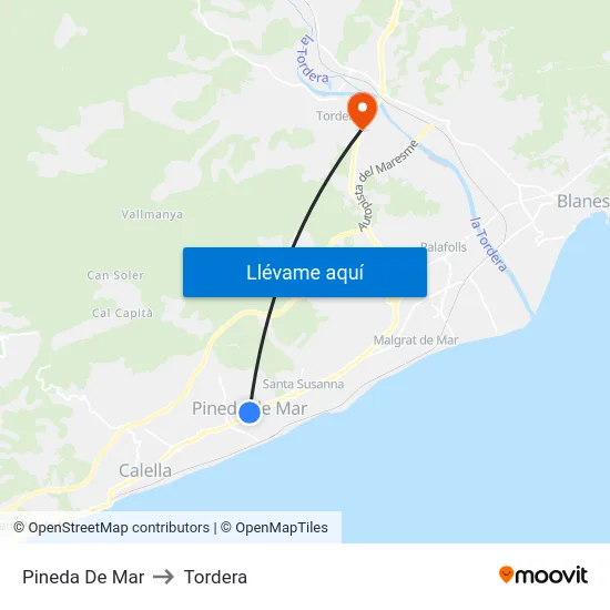 Pineda De Mar to Tordera map