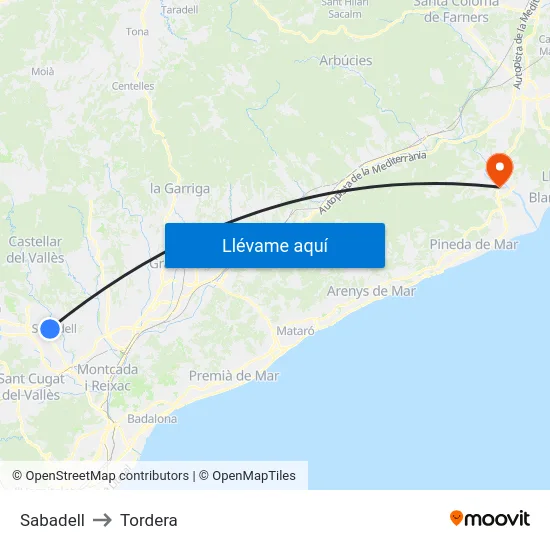 Sabadell to Tordera map