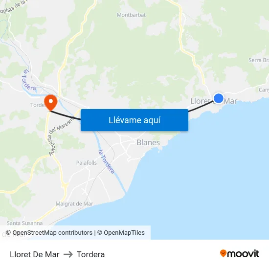 Lloret De Mar to Tordera map