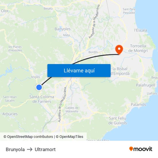 Brunyola to Ultramort map