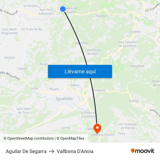 Aguilar De Segarra to Vallbona D'Anoia map