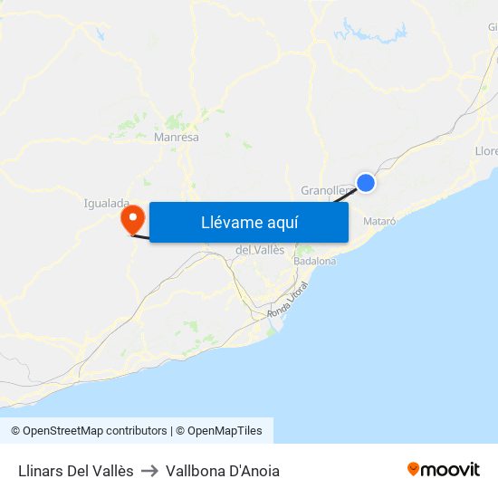 Llinars Del Vallès to Vallbona D'Anoia map