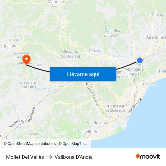 Mollet Del Vallès to Vallbona D'Anoia map