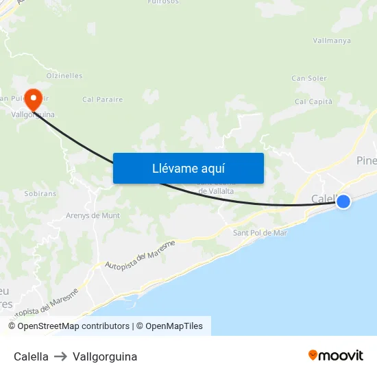 Calella to Vallgorguina map