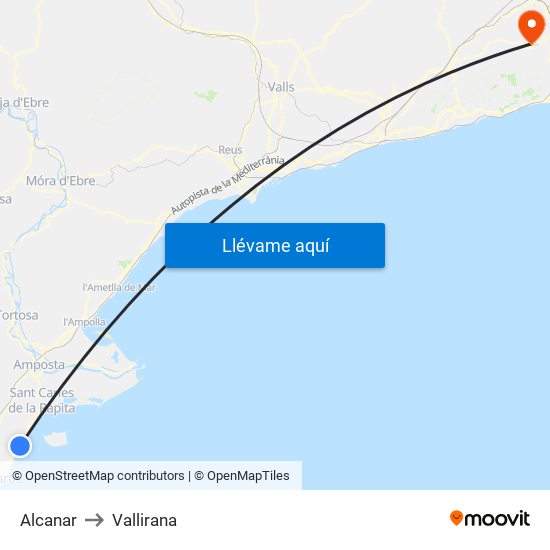 Alcanar to Vallirana map