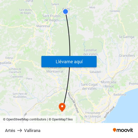 Artés to Vallirana map