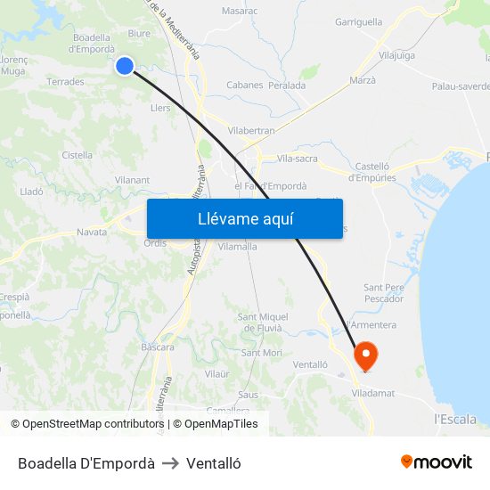 Boadella D'Empordà to Ventalló map