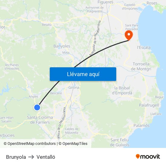 Brunyola to Ventalló map