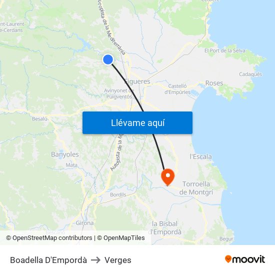 Boadella D'Empordà to Verges map