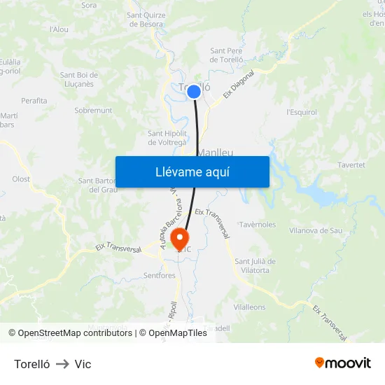 Torelló to Vic map