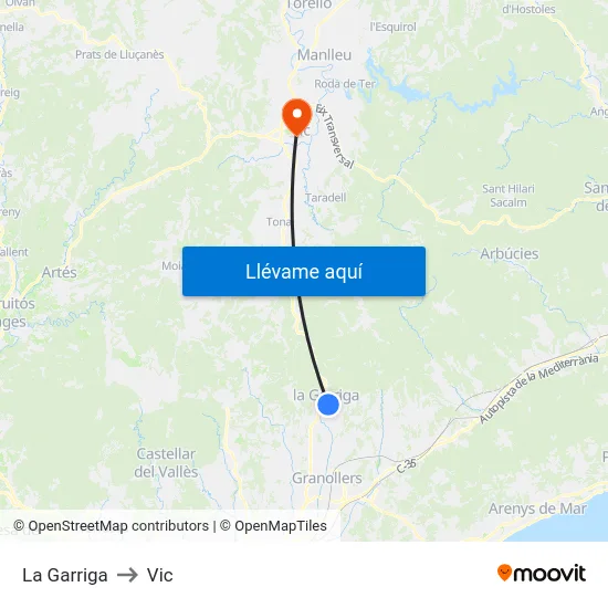 La Garriga to Vic map