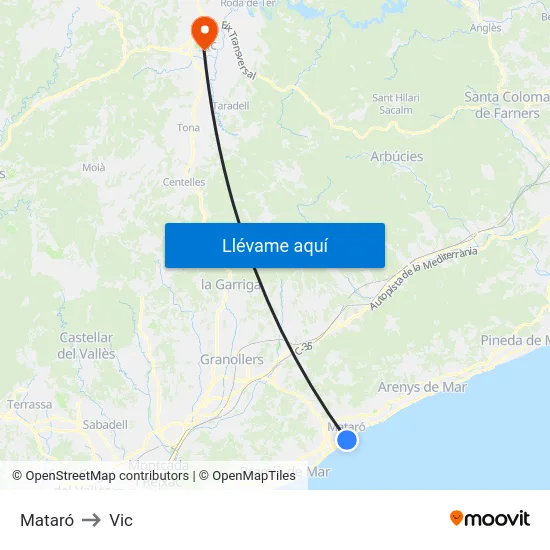 Mataró to Vic map