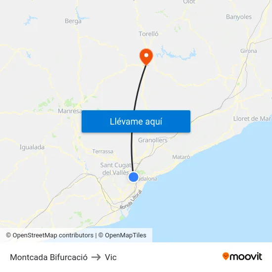 Montcada Bifurcació to Vic map