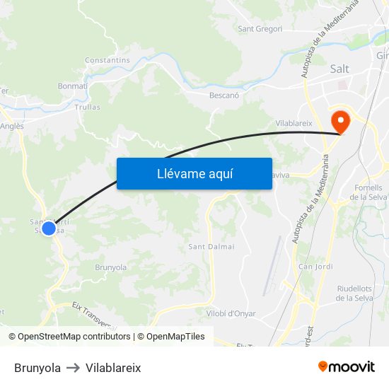 Brunyola to Vilablareix map