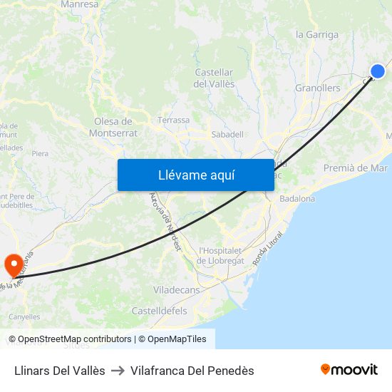 Llinars Del Vallès to Vilafranca Del Penedès map