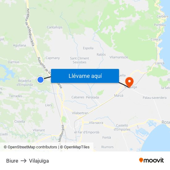 Biure to Vilajuïga map