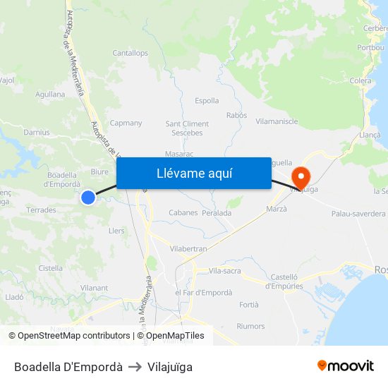 Boadella D'Empordà to Vilajuïga map