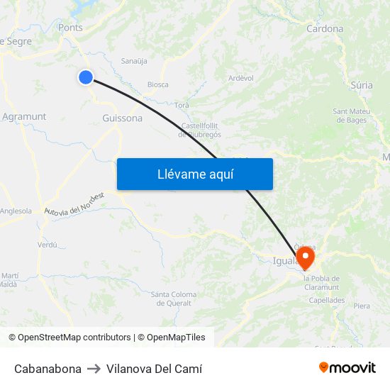 Cabanabona to Vilanova Del Camí map