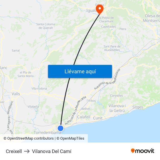Creixell to Vilanova Del Camí map