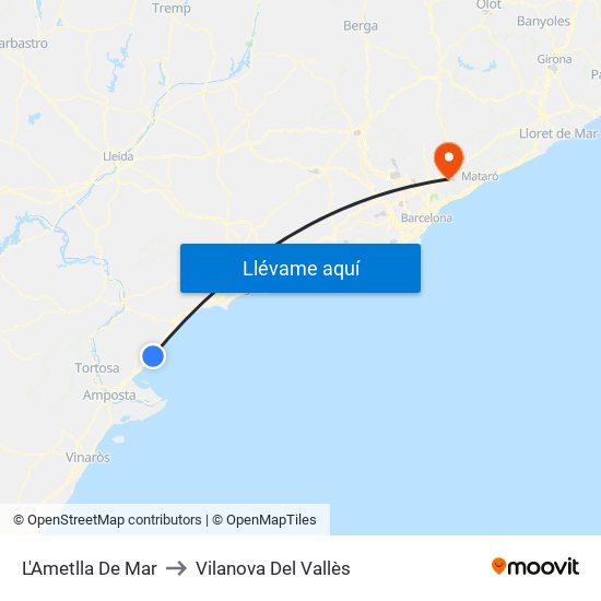 L'Ametlla De Mar to Vilanova Del Vallès map