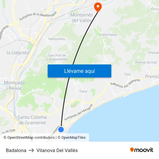 Badalona to Vilanova Del Vallès map