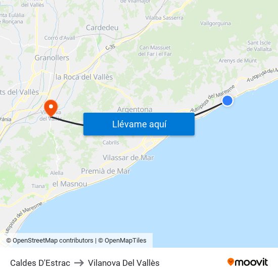 Caldes D'Estrac to Vilanova Del Vallès map