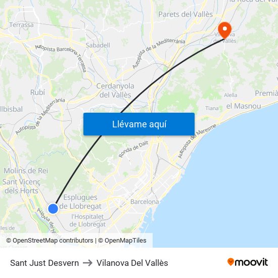 Sant Just Desvern to Vilanova Del Vallès map