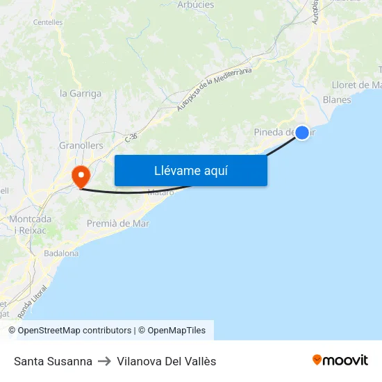 Santa Susanna to Vilanova Del Vallès map