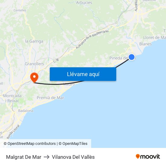 Malgrat De Mar to Vilanova Del Vallès map