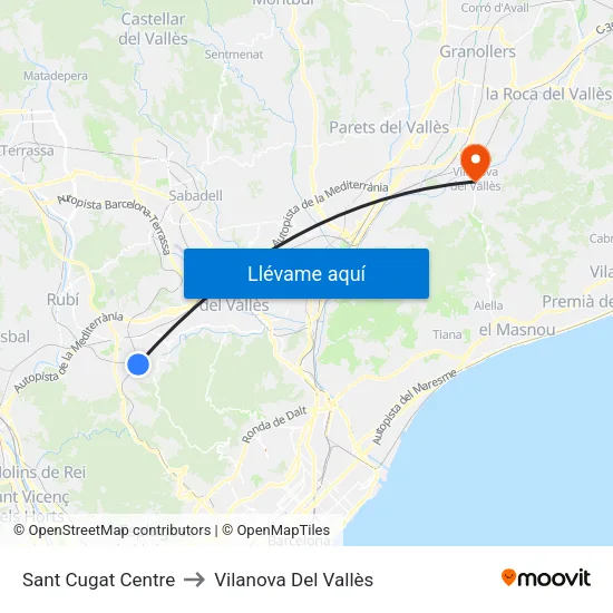 Sant Cugat Centre to Vilanova Del Vallès map